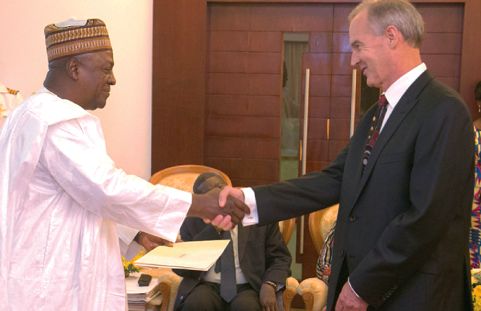 The incoming Australian Ambassador to Ghana, Andrew Barnes (right), presenting his Letters of Credence to President John Mahama at the Flagstaff House The incoming Australian Ambassador to Ghana, Andrew Barnes (right), presenting his Letters of Credence to President John Mahama at the Flagstaff House